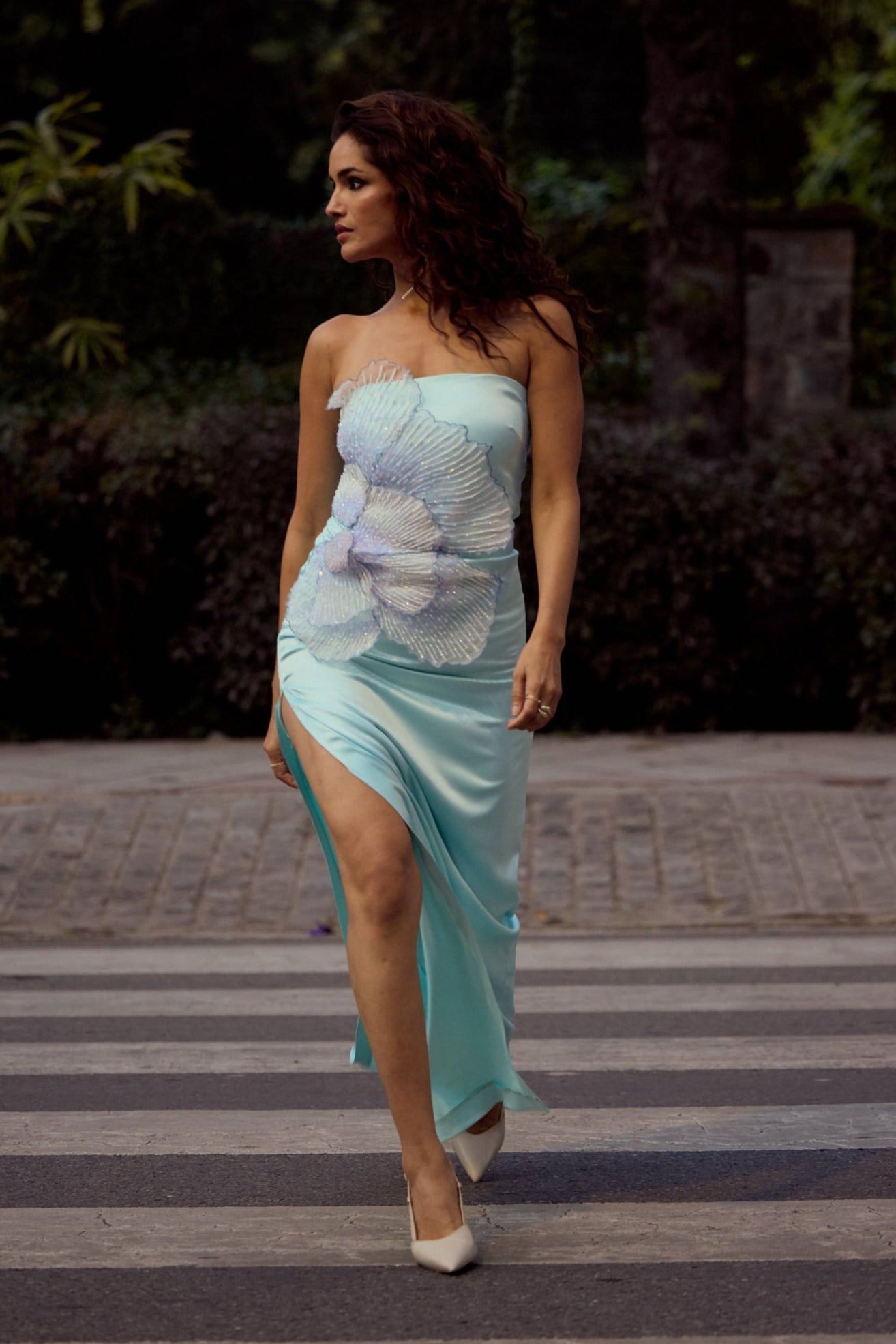 Dove Blue Gown With Embroidered Petals