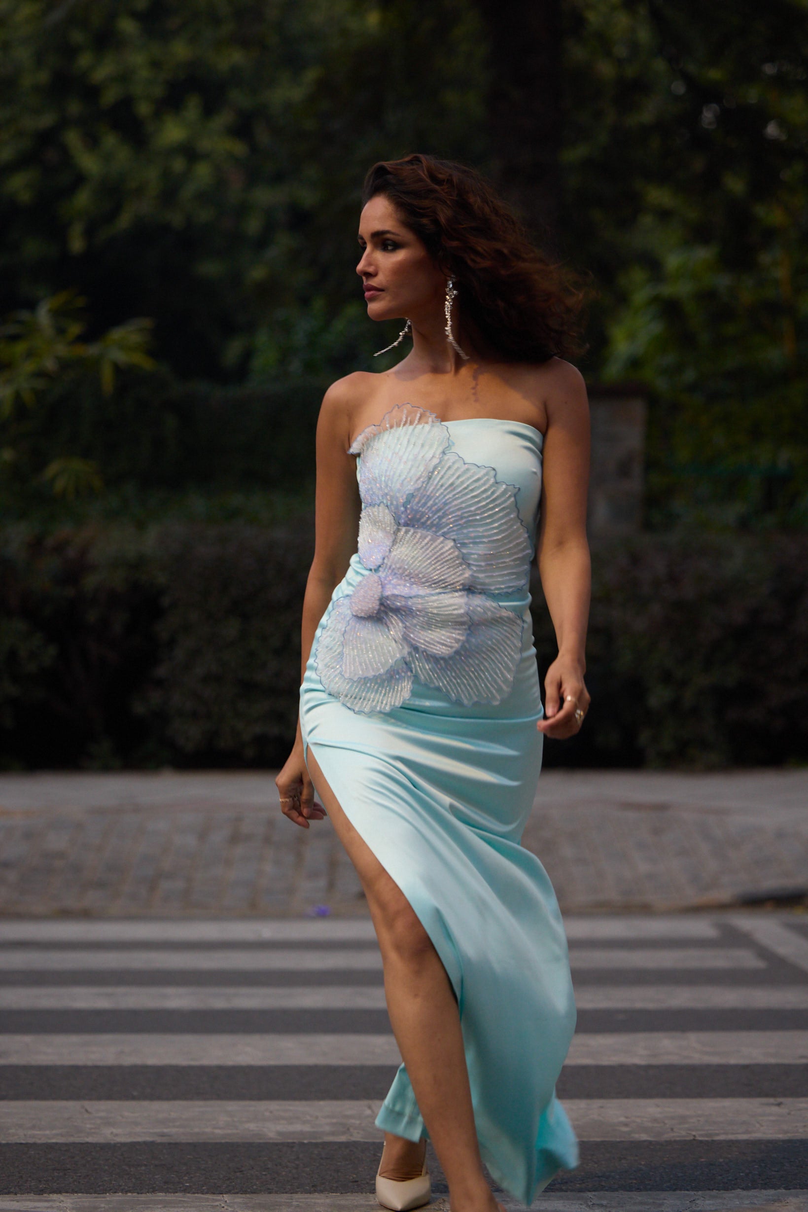 Dove Blue Gown With Embroidered Petals